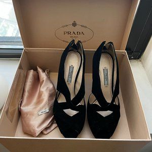 Prada Black Suede Iris Crisscross Peep Toe Pump WITH BOX and dust bag 7.5
